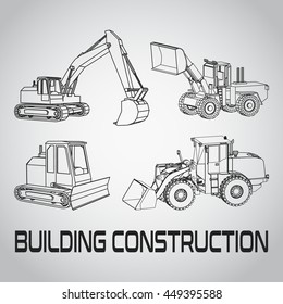 Outline Excavator Set Icon. Isometric of Building Construction Illustration. Business Card of Contractor.