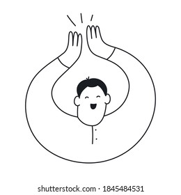 Outline excited cartoon man applauding, clapping hands. Jubilation, acclaim, joy, happiness, achievement. Elegant hand drawn line vector illustration on white.