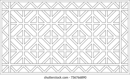 An outline of expandable geometric pattern in a rectangular form consists of a series of square grids framed by a half proportion triangles