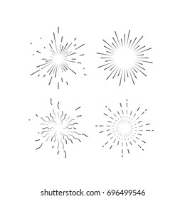 Outline Explosive Firework Shapes. Starburst Or Sunburst Collection. Vintage Burst Light Rays. Vector Graphic Sketch Illustration. Set Of Label Or Hipster Logo Design Elements