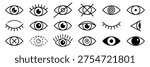 Outline eye icons. Open and closed eyes images, sleeping eye shapes with eyelash, vector supervision and searching signs.
