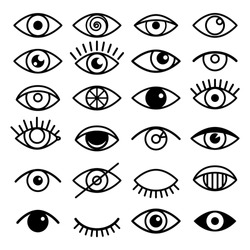Outline Eye Icons. Open And Closed Eyes Images, Sleeping Eye Shapes With Eyelash, Vector Supervision And Searching Signs