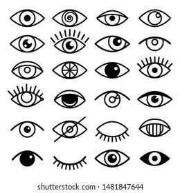 Наброски значков глаз. Изображения открытых и закрытых глаз, спящие формы глаз с ресницами, наблюдение за векторами и поисковые знаки
