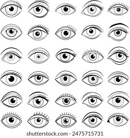 Outline eye icons. Open and closed eyes images, sleeping eye shapes with eyelash, vector supervision and searching signs