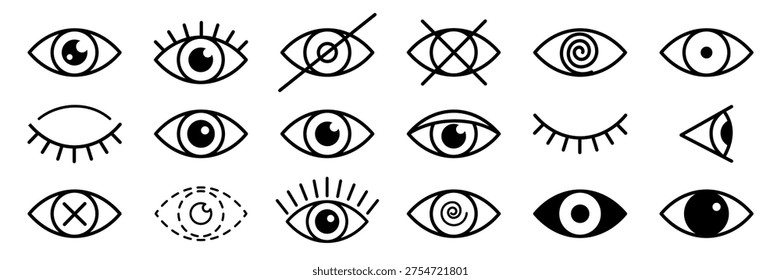 Outline eye icons. Open and closed eyes images, sleeping eye shapes with eyelash, vector supervision and searching signs.