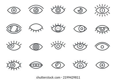 Iconos de los ojos de contorno. Sencillos signos de pestañas de ojo de línea delgada, concepto de medicina de ciencias de la salud de la vista humana. Colección aislada de vectores. Ojos abiertos y cerrados, diferentes elementos de visión