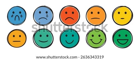 outline face different mood sad to happy several stages doodle hand drawn icon. colorful cartoon line drawing clipart symbol. Vector illustration