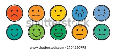outline face different mood sad to happy several stages doodle hand drawn icon. colorful cartoon line drawing clipart symbol. Vector illustration