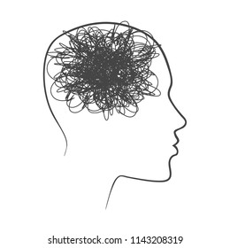 Outline face drawing in profile, conception of thought, brainstorming or anxiety and mental disorders
