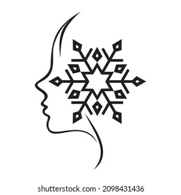 Outline of face of woman and hexagonal ice icon for beauty salon business service logo.