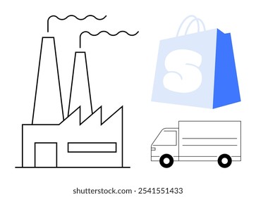 Esquema de una fábrica con chimeneas, una bolsa de compras azul con una S y un camión de reparto. Ideal para la producción industrial, comercio electrónico, logística, gestión de la cadena de suministro y negocios minoristas. Sencillo