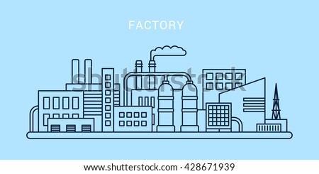 An outline of a factory on light blue background. Flat vector illustration 