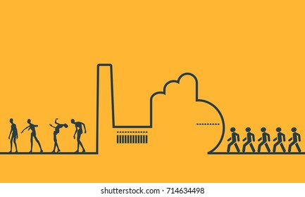 An outline of a factory on orange background. Workers going to the factory. People turn into zombies at the factory. Line art ecology concept