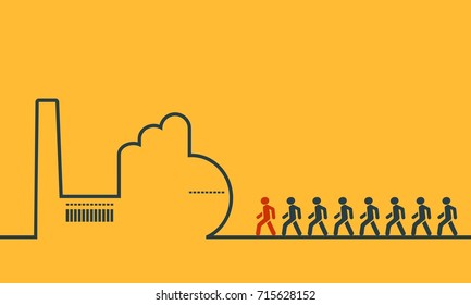 An outline of a factory on orange background. workers going to the factory. Line art industry concept