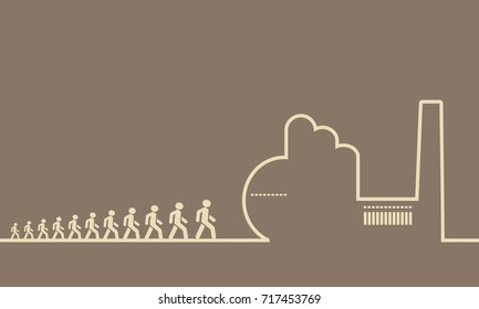 An outline of a factory on orange background. workers going to the factory. Line art industry concept