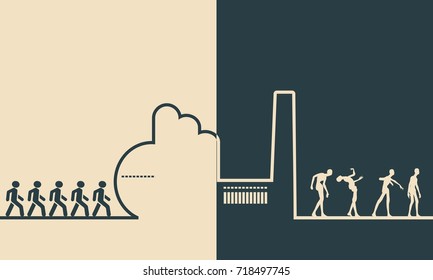 An outline of a factory on orange background. Workers going to the factory. People turn into zombies at the factory. Line art ecology concept