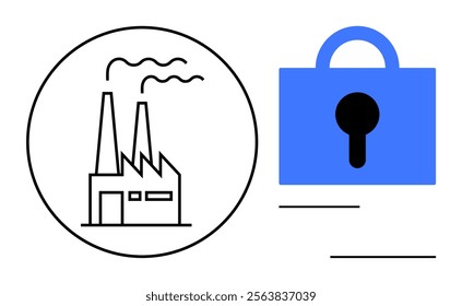 Outline of a factory with smoke stacks inside a circle next to a blue padlock on, a white background Ideal for manufacturing security design business industrial technology and safety themes Simple