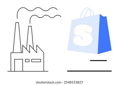 An outline of a factory with smokestacks and a blue shopping bag. Ideal for economy retail commerce industry manufacturing and consumerism themes. Simple clean minimalist style