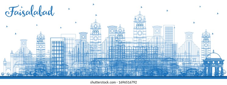 Outline Faisalabad Pakistan City Skyline with Blue Buildings. Vector Illustration. Business Travel and Tourism Concept with Modern Architecture. Faisalabad Cityscape with Landmarks.