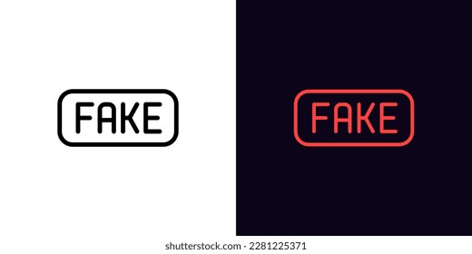 Outline fake icon, with editable stroke. Fake text sign and tag, forgery pictogram. Counterfeit and fraud, fake information, false fact, disinformation, wrong and untruth, lie and scam. Vector icon
