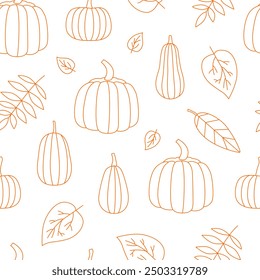 Outline fall pumpkins seamless pattern. Autumn vegetable harvest. Linear forest leaves. Line art, contour, sketch. Coloring page. Vector background, backdrop, digital paper.