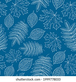 Outline falling Leaves blue doodle seamless pattern. Autumn Maple, Rowan, Aspen Tree Leaf. Contour Fall season forest vector background for invitation, greeting card, wrapping paper, textile, fabric