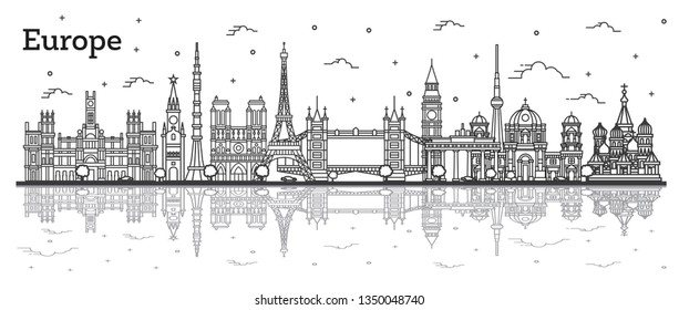 Outline Famous Landmarks in Europe with Reflections. Vector Illustration. Business Travel and Tourism Concept. Paris, London, Berlin, Moscow, Madrid.