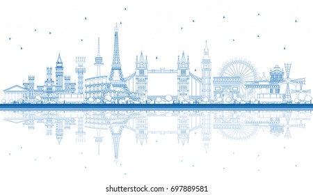 Descreva os famosos marcos da Europa com reflexões. Ilustração de vetor. Conceito de viagens de negócios e turismo. Imagem para apresentação, banner, letreiro e site