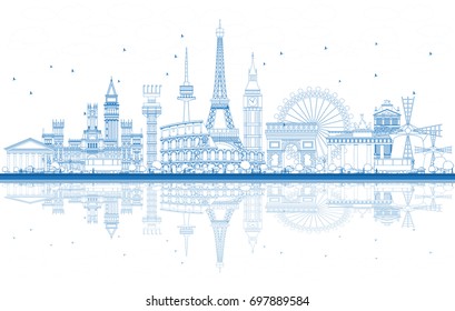 Outline Famous Landmarks in Europe with Reflections. Vector Illustration. Business Travel and Tourism Concept. Image for Presentation, Banner, Placard and Web Site