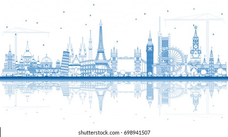Outline Famous Landmarks in Europe with Reflections. Vector Illustration. Business Travel and Tourism Concept. Image for Presentation, Banner, Placard and Web Site.