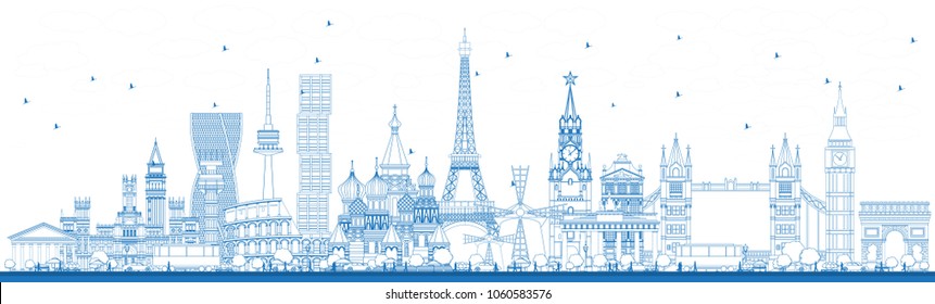 Outline Famous Landmarks in Europe. Vector Illustration. Business Travel and Tourism Concept. Image for Presentation, Banner, Placard and Web Site.