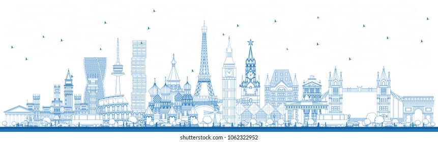 Outline Famous Landmarks in Europe. Vector Illustration. Business Travel and Tourism Concept. Image for Presentation, Banner, Placard and Web Site.