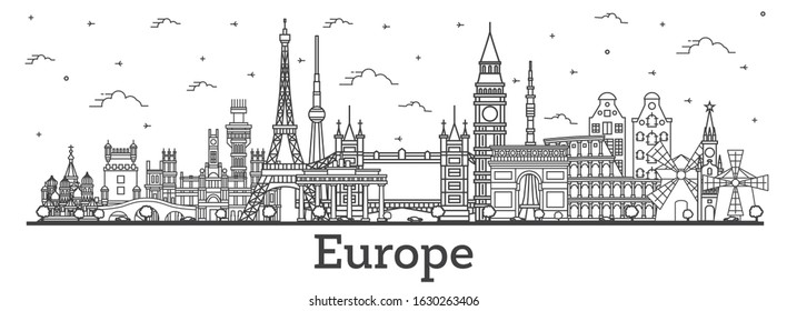 Outline Famous Landmarks in Europe. Vector Illustration. Business Travel and Tourism Concept. Image for Presentation, Banner, Placard and Web Site. London. Paris. Berlin. Moscow.