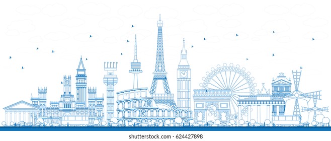 Outline Famous Landmarks In Europe. Vector Illustration. Business Travel And Tourism Concept. Image For Presentation, Banner, Placard And Web Site