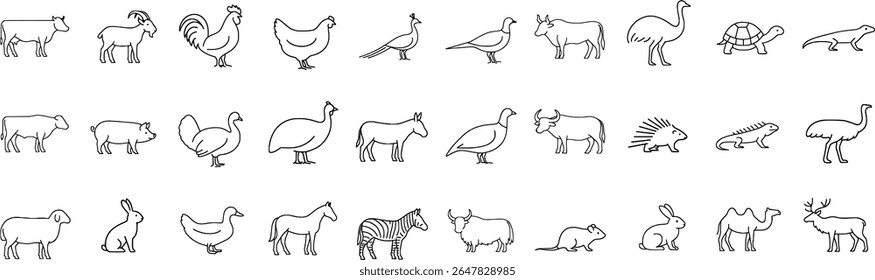 Outline Farm Animal Vector Icons. Includes Livestock, Poultry, Pet, and Wildlife Elements in Clean Stroke Style. Perfect for Agriculture, Veterinary, and Education.