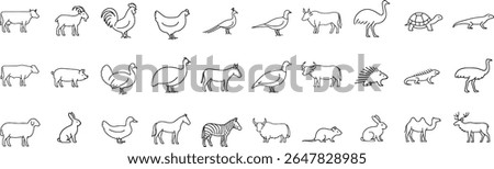 Outline Farm Animal Vector Icons. Includes Livestock, Poultry, Pet, and Wildlife Elements in Clean Stroke Style. Perfect for Agriculture, Veterinary, and Education.