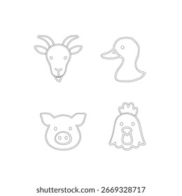 Conjunto de Vector de boceto rústico de colección de animales de granja. Esquema minimalista del ganado del arte de línea. Colección de Vector minimalista de animales de granja en estilo de contorno limpio. Animales de granja de dibujos animados.