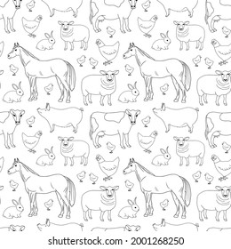 Outline Farm Animals seamless pattern. Cow, horse, pig, chicken, hen, sheep, rabbit. Animal husbandry. Livestock, cattle, dairy, poultry. Hand drawn contour vector background, template, coloring page