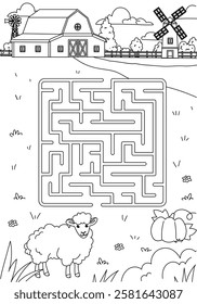 Outline farm maze. Labyrinth to ship. Puzzle and riddle for children. Educational materials for preschoolers. Intellectual games for kids. Village and farmhouse. Linear vector illustration