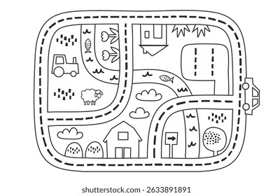 outline farm road map with tractor, barn, sheep, river, fish, flowers, clouds, road signs and fields in black line art style on white background, concept of coloring page, preschool education, farm pl