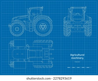 Dibujar un tractor granjero. Máquina agrícola. Vistas superiores, laterales y frontales de los vehículos de los agricultores. Plan industrial. Ilustración del vector