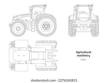 Outline farmer tractor drawing. Isolated agricultural machine. Top, side and front views of farmer vehicle. Industrial blueprint. Vector illustration