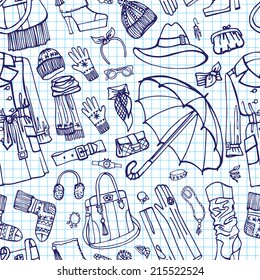 Outline Fashion clothing and accessories in seamless pattern on Sketchy Notepaper.Woman wear.Autumn,winter,spring woman fashion. Use for fabrics, Wallpaper,background,packaging paper,backdrop.Vector.
