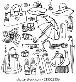 Outline Fashionable female accessories  on Sketchy style.Woman wear in outline sketch. Autumn ,winter,spring woman fashion. Fashion Vector.