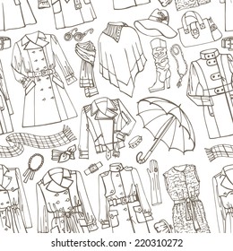 Outline Fashionable female outerwear and accessories seamless pattern on Sketchy style.Woman Autumn ,winter,spring wear in outline sketch.For fabric,background,backdrop,Wallpaper.Fashion Vector.