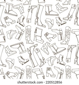 Outline Fashionable female shoes,boots  seamless pattern on Sketchy style. Autumn ,winter,spring  woman wear.For fabric,background,backdrop,Wallpaper.Fashion Vector.