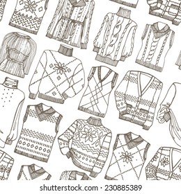 Outline Fashionable knitted  clothing seamless pattern on Sketchy style.Autumn ,winter,spring  wear.Fashion illustrations.For Backdrop,background,fabric,Wallpaper.Vector.