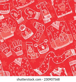 Outline Fashionable knitted  clothing  seamless pattern.New year,Christmas ornament in Sketchy style.Autumn,male,baby winter wear.For Backdrop,background,fabric,Wallpaper.Fashion illustrations.Vector.