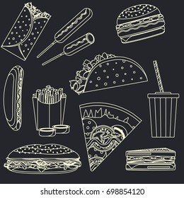 Outline fast food set, yellow line fastfood symbols on dark background. Tasty food signs for bar, cafe, restaurant menu design
