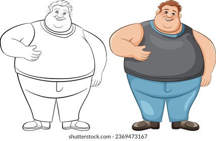 Outline of a fat male cartoon character wearing a tank top and jeans for colouring pages